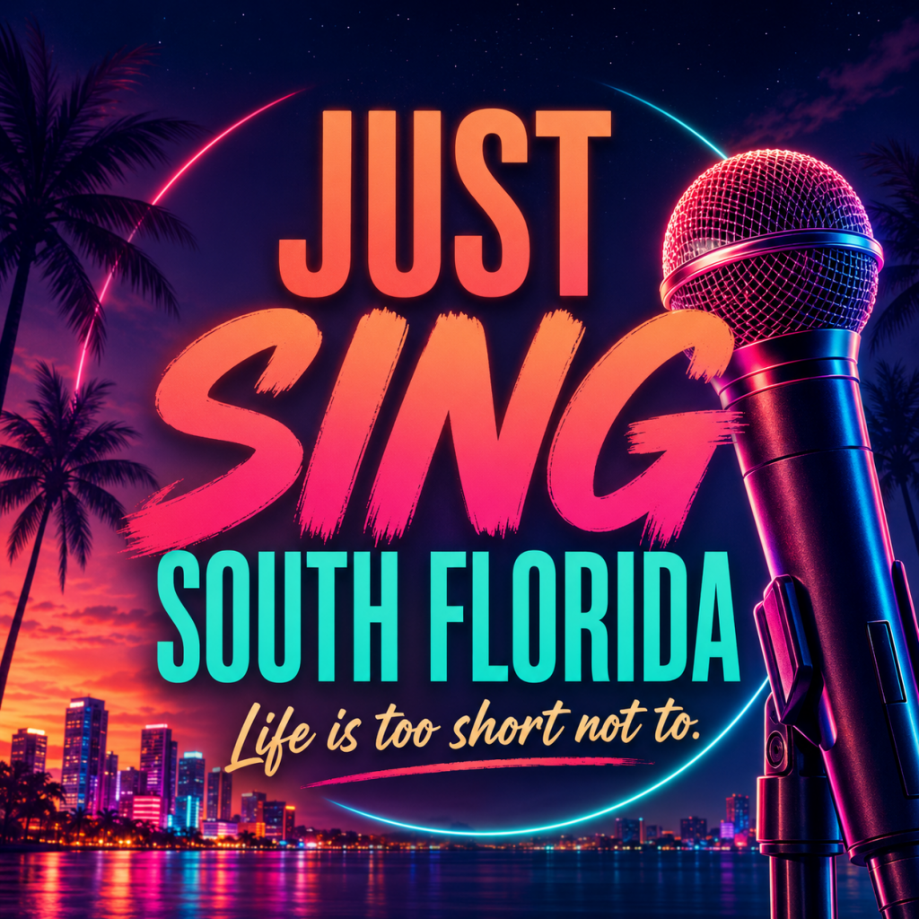 Just Sing South Florida karaoke graphic with a neon microphone, palm trees and Miami-style nightlife